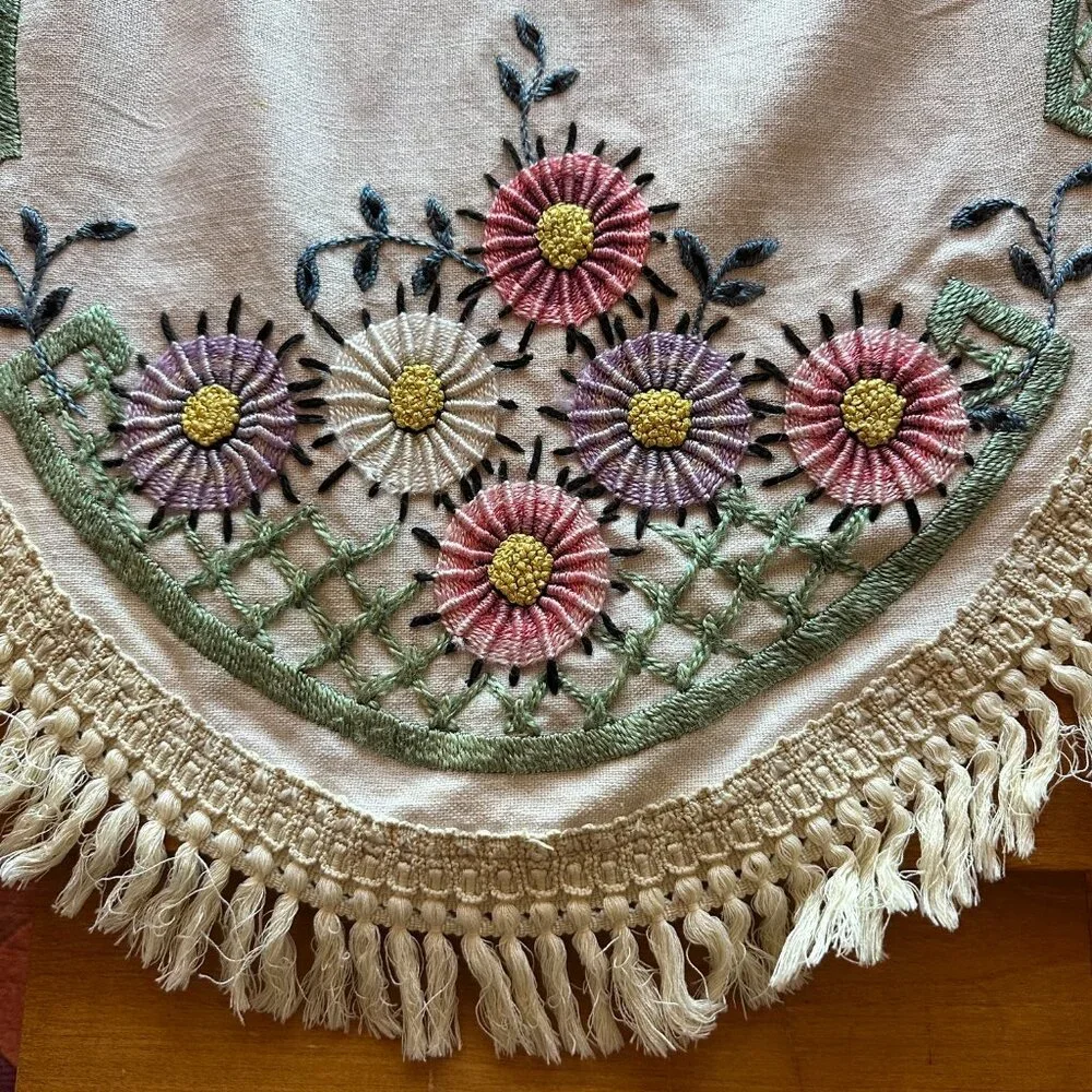 Vintage Handmade Oval Floral Embroidered Table Runner